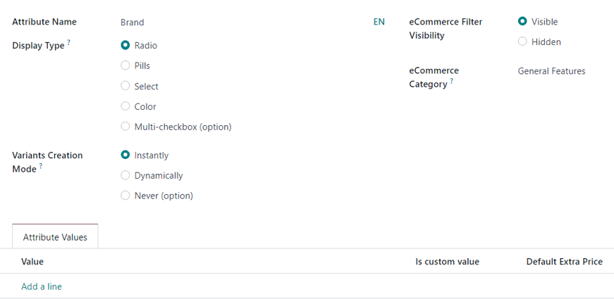 فرم خالی ایجاد ویژگی در برنامه فروش Odoo.