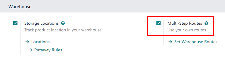 مسیرهای چند مرحله‌ای و موقعیت‌های ذخیره‌سازی را در تنظیمات انبار فعال کنید.