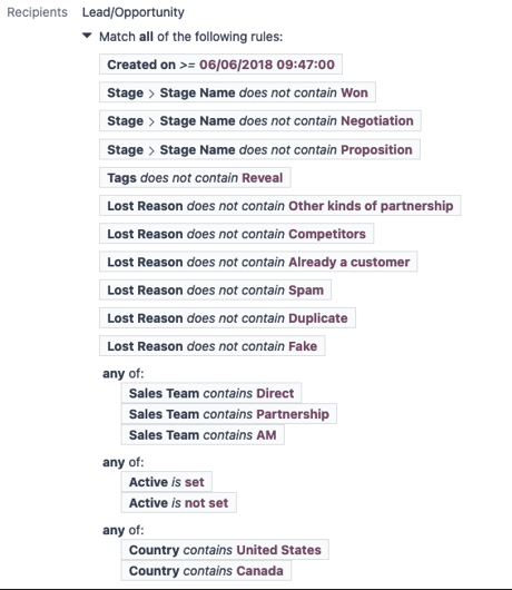 نمایی از نحوه سفارشی‌سازی فیلترهای گیرندگان در برنامه بازاریابی ایمیلی اودوو.