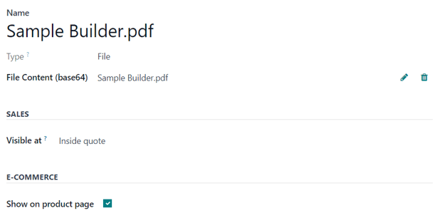 یک فرم سند استاندارد با یک فایل PDF بارگذاری‌شده در فروش Odoo.