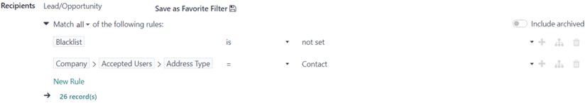 نمایی از نحوه سفارشی‌سازی فیلترهای گیرندگان در برنامه بازاریابی ایمیلی اودوو.
