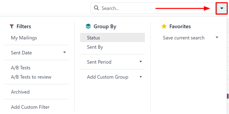 منوی کشویی جامع گزینه‌های جستجو در برنامه بازاریابی ایمیلی اودوو.