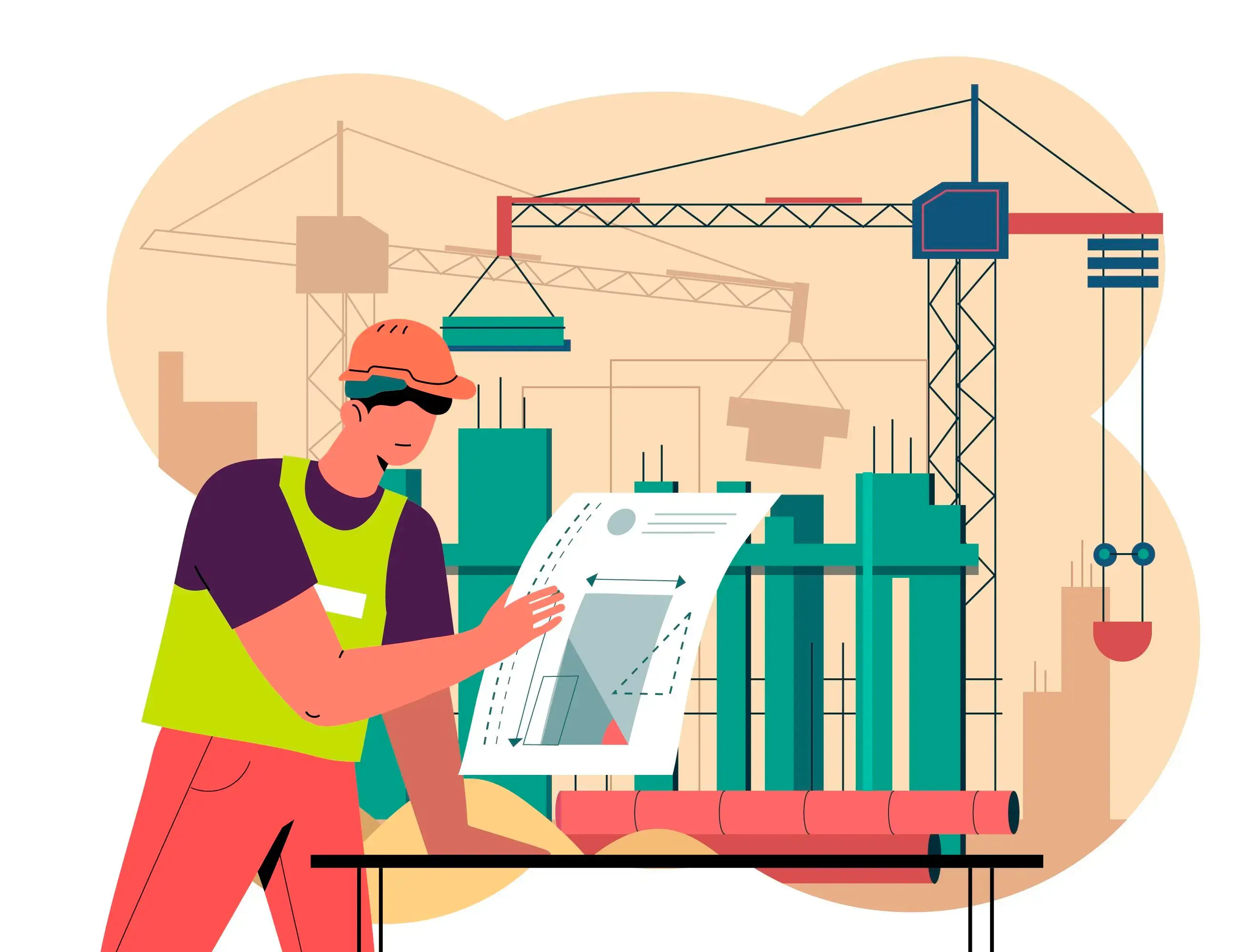 کارگر ساختمانی با نقشه و جرثقیل در حال مدیریت پروژه با اودوو