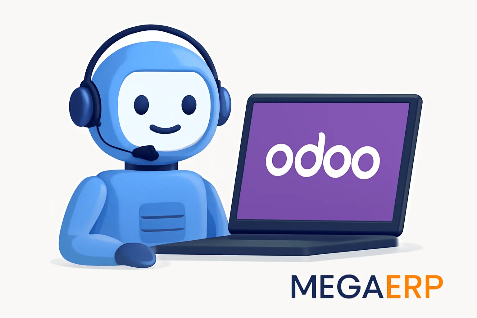چت‌بات هوشمند MegaERP متصل به Odoo در حال ارائه خدمات از طریق لپ‌تاپ با ظاهر دوستانه