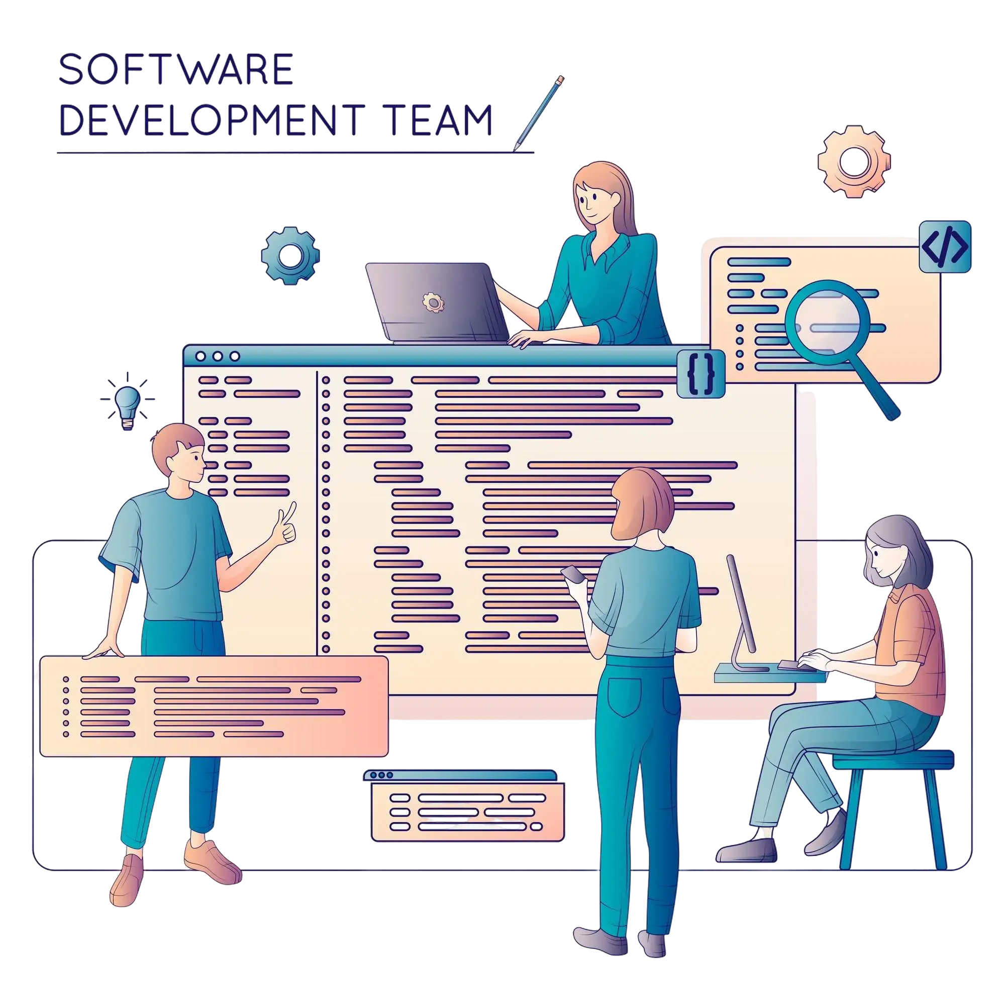 صویر تیمی از توسعه‌دهندگان نرم‌افزار در حال همکاری، با نمایش کدهای برنامه‌نویسی، لپ‌تاپ‌ها و ابزارهای توسعه روی صفحه‌ای بزرگ، که فرآیند برون‌سپاری پروژه‌های نرم‌افزاری را به‌خوبی نشان می‌دهد