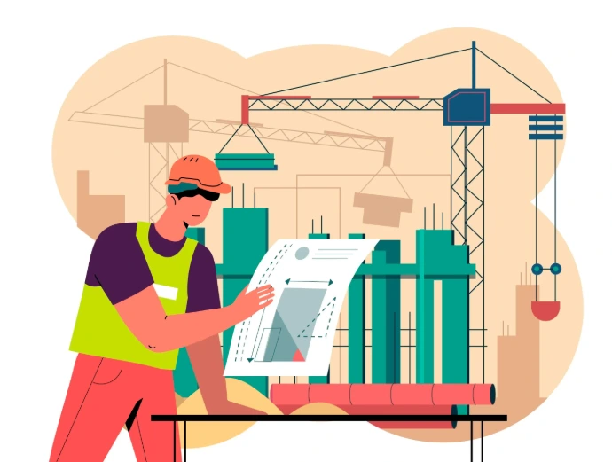 کارگر ساختمانی با نقشه و جرثقیل در حال مدیریت پروژه با اودوو